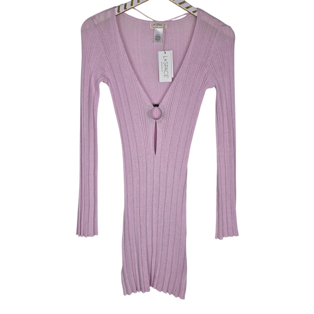 L*SPACE Wailea Cover Up Womens Small Pink Ribbed Knit Long Sleeve Sheer Swim - Picture 2 of 11